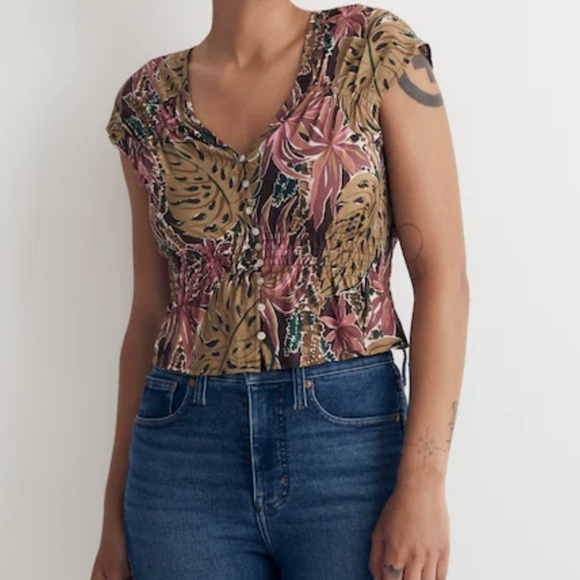 Madewell Shirred Cap-Sleeve Linen Blend Top in Brushstroke Monstera, Size Large - Picture 1 of 10